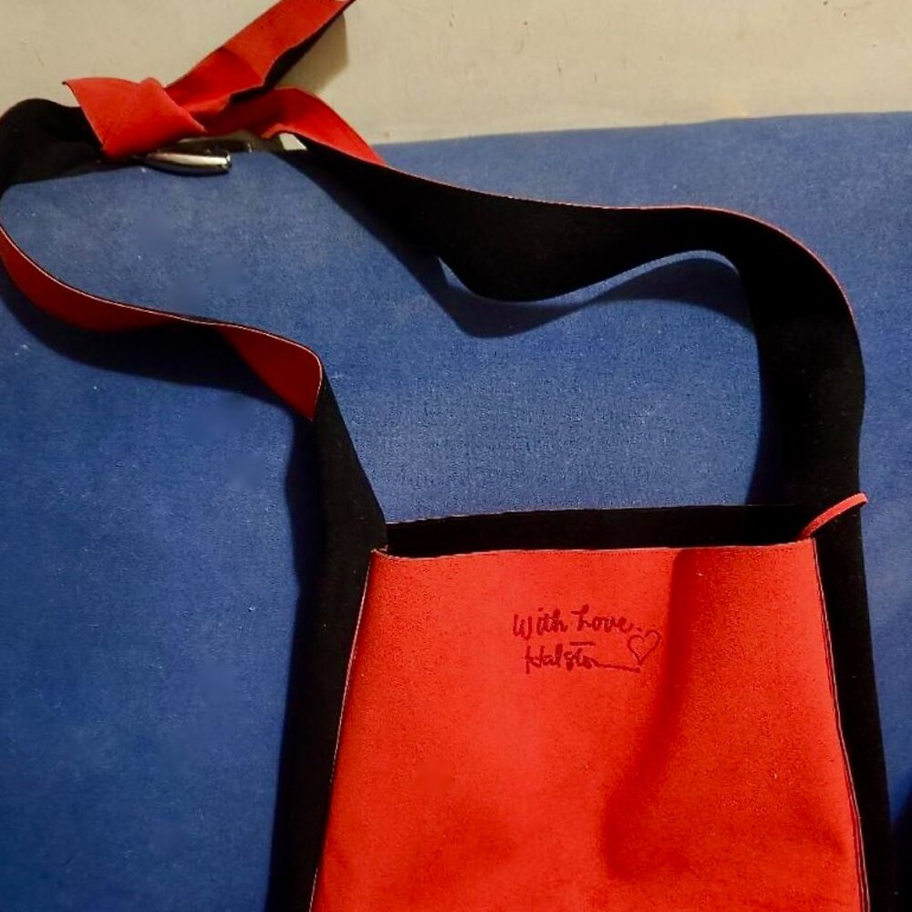 HALSTON Reversible Red and Black Suede Tote + t-shirt + notecards